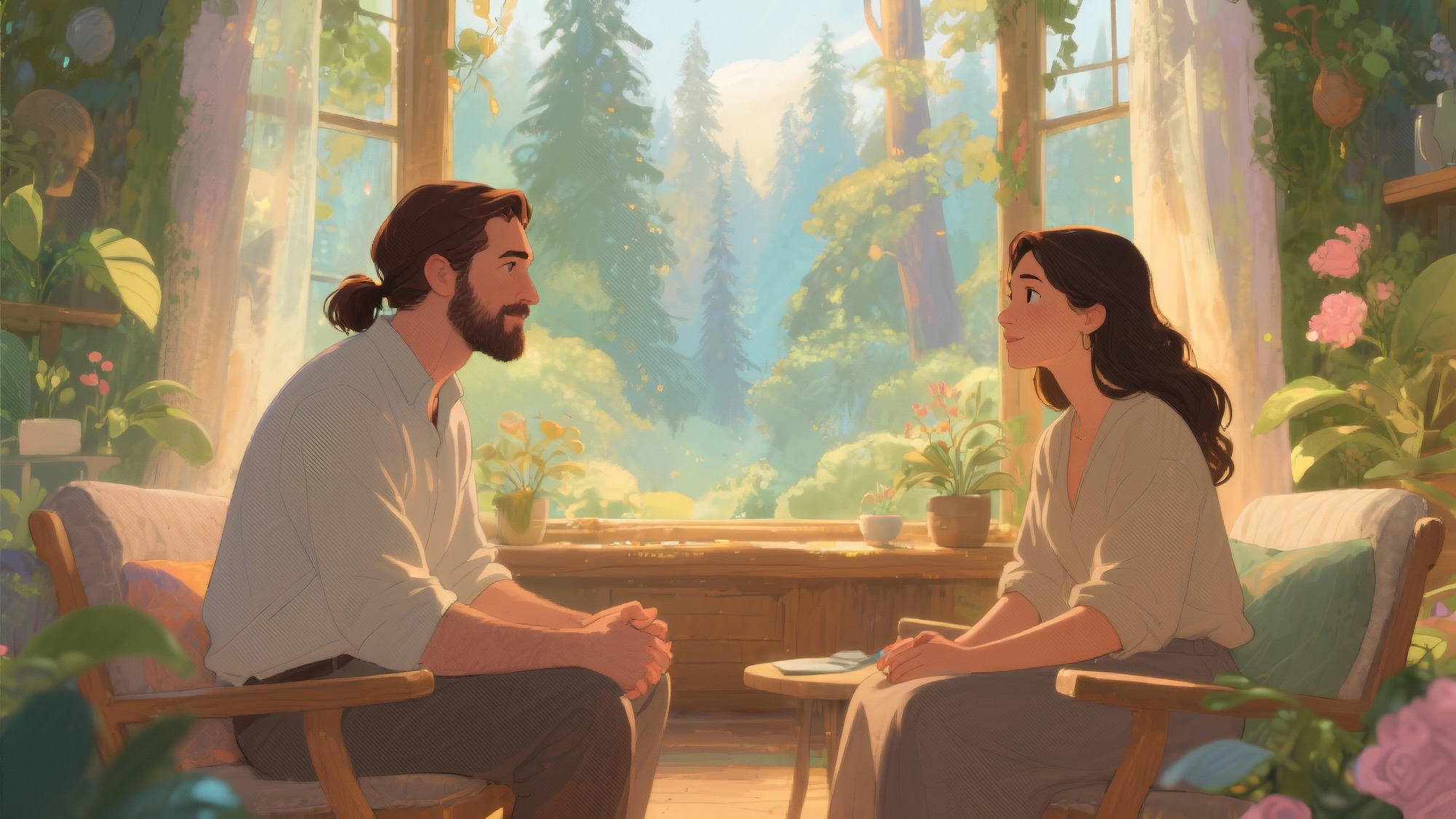 A facilitator with dark brown tied-back hair and a short beard sits with a Latina woman in her twenties in a softly lit Oregon room, forest light filtering through the windows—symbolizing grounded presence, trust, and mindful support.