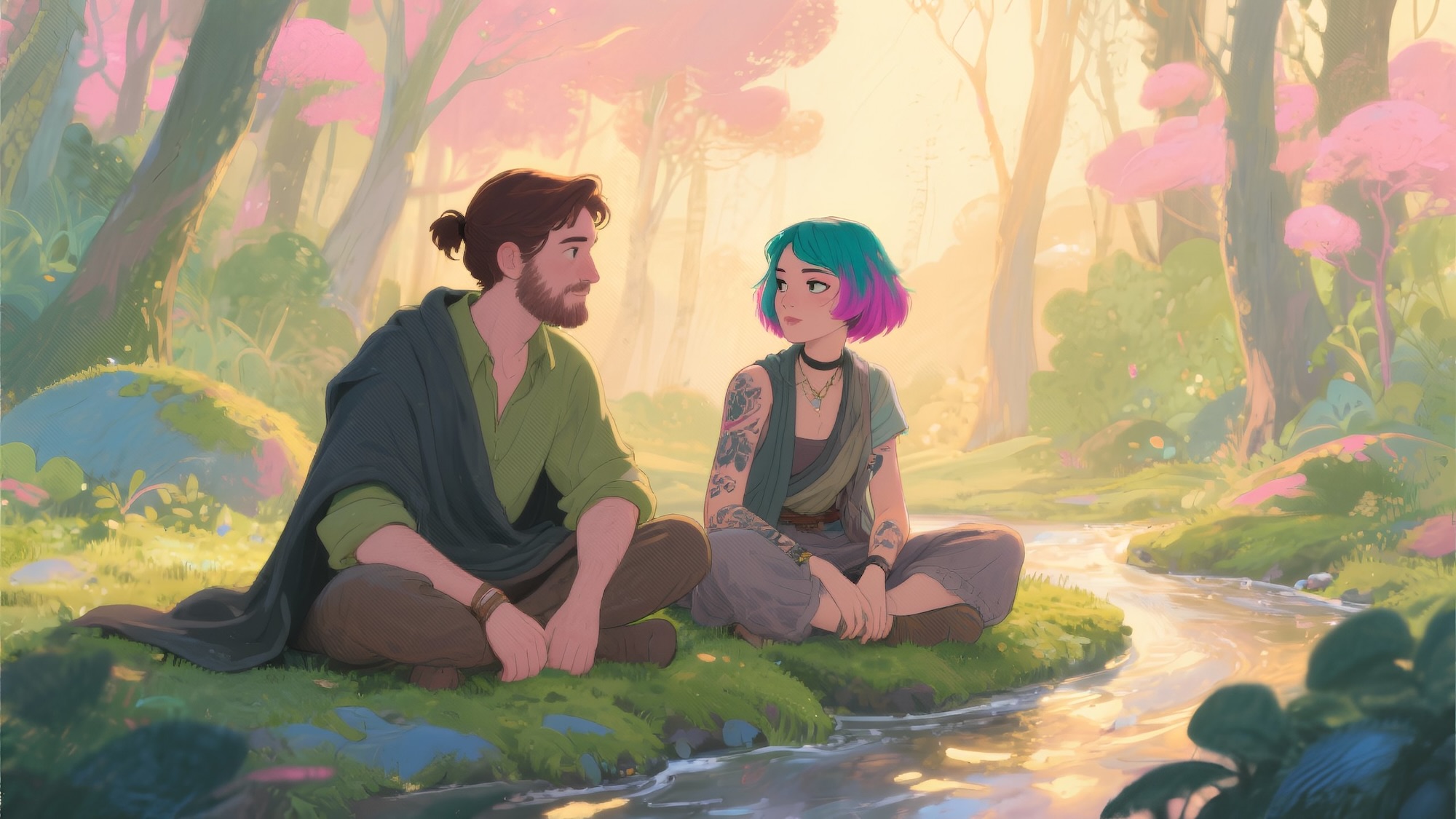 Alt text: A cis white male facilitator with dark brown hair sits cross-legged beside a stream in a sunlit forest, speaking gently with a trans woman who has short, colorful hair and visible tattoos. The scene glows with soft golden light filtering through 