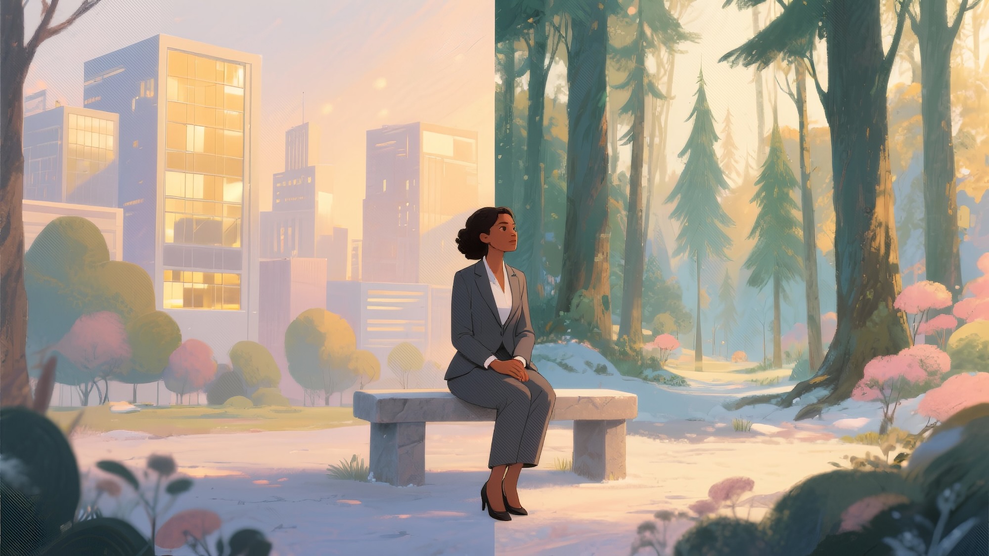 A soft, painterly illustration of a woman of color in a suit sitting thoughtfully between a stylized cityscape and a quiet forest, symbolizing the balance between career stability and personal longing.