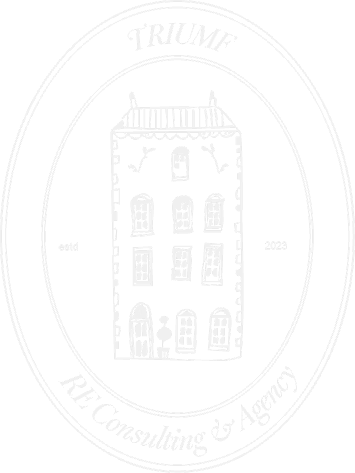 Logo s kresbou budovy uvnitř oválného rámu s textem ‚TRIUMF‘ nahoře a ‚RE Consulting & Agency estd 2023‘ kolem spodní části.