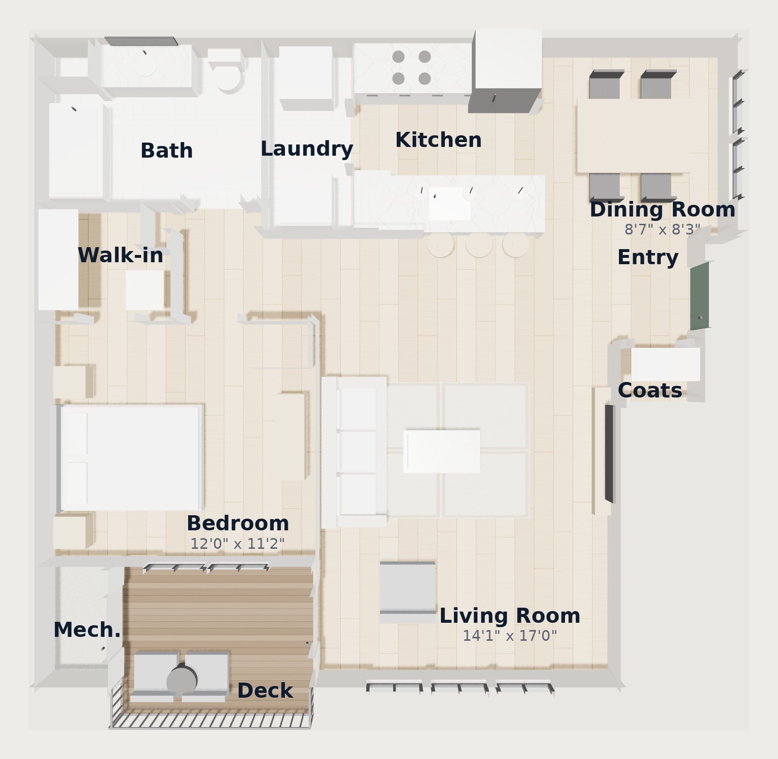 White Oaks at Wilton — Plan A2 3D floor plan, 861 SF