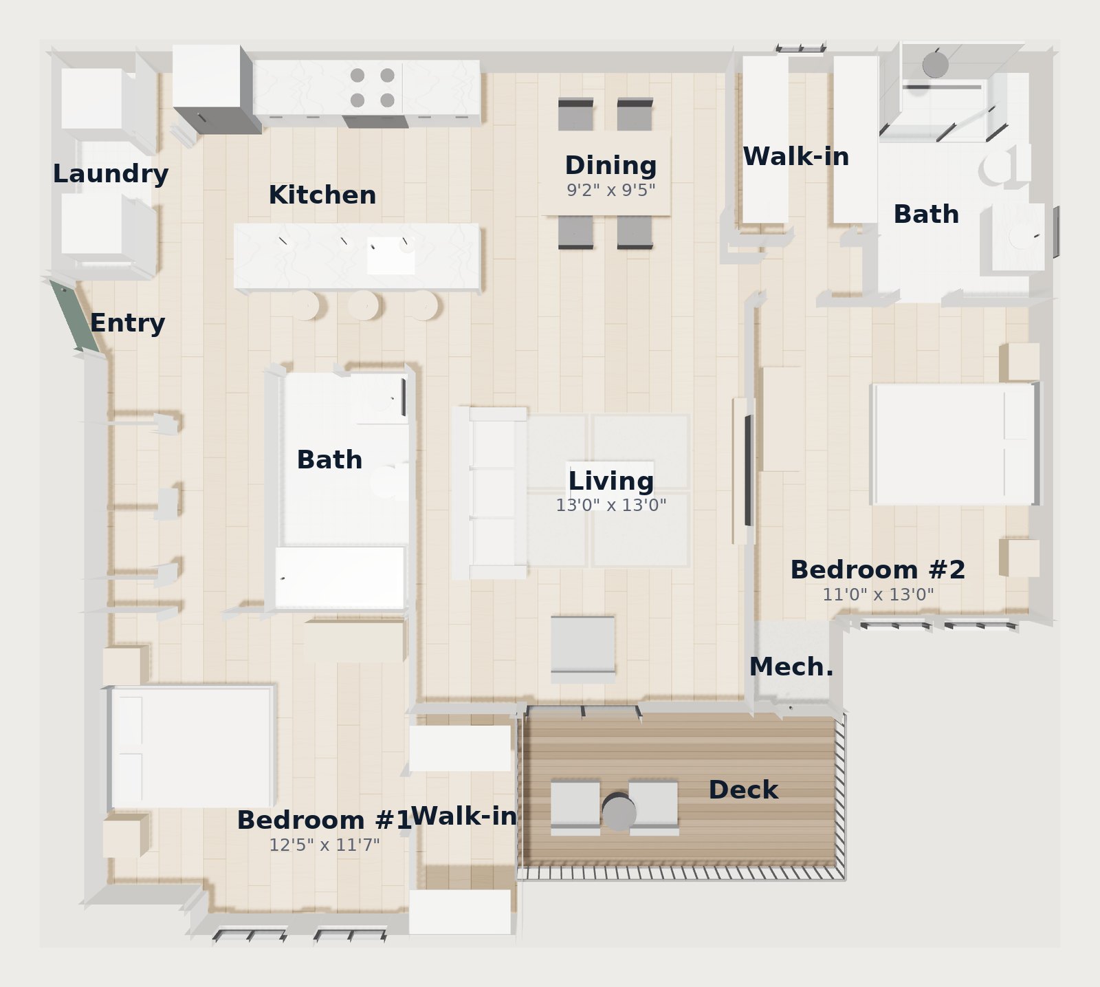 White Oaks at Wilton — Plan B2 3D floor plan, 1,119 SF