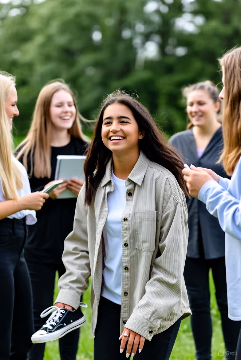 Un groupe de cinq jeunes femmes est debout à l'extérieur, dans un champ herbeux avec des arbres flous en arrière-plan. La femme au centre sourit largement, portant une chemise boutonnée beige sur un t-shirt blanc et un pantalon noir.