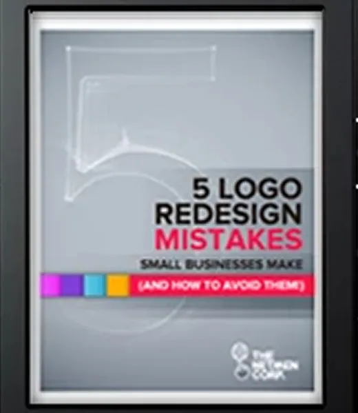 Cover page titled '5 Logo Redesign Mistakes Small Businesses Make (And How to Avoid Them)' with a faint large number 5 in the background and colorful blocks below the text.