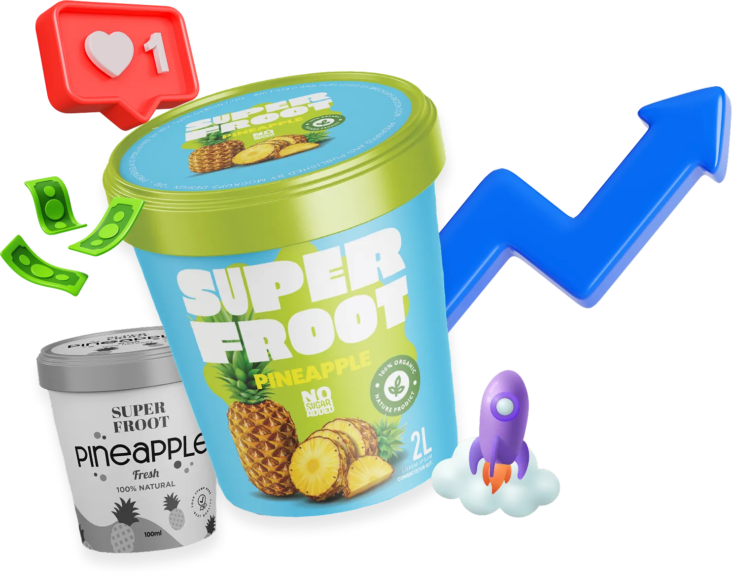 Two containers of Super Froot pineapple products with icons of money, a like notification, a blue upward arrow, and a rocket symbolizing growth.