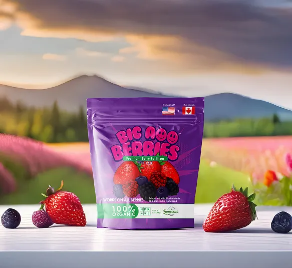Purple pouch of Big Auk Berries premium berry fertilizer with strawberries, blueberries, and raspberries on a white surface against a blurred scenic background.
