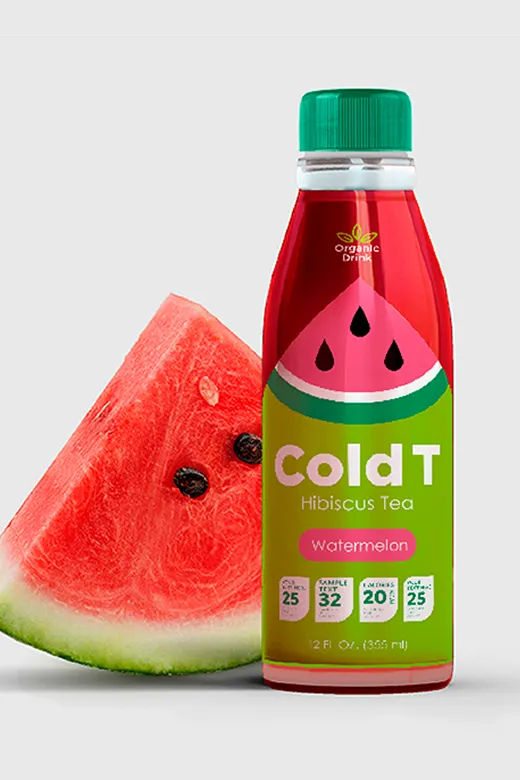 Bottle of ColdT Hibiscus Tea Watermelon flavor next to a slice of watermelon.