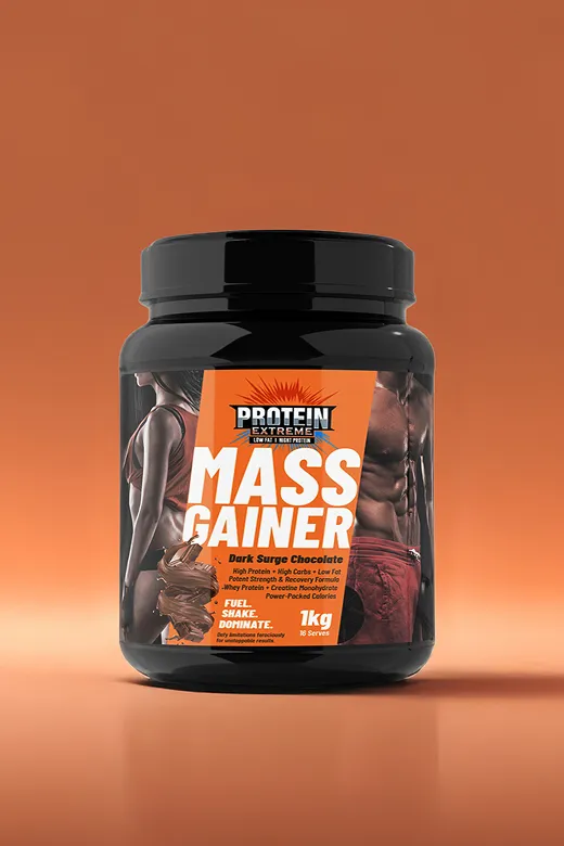Black container of Protein Extreme Mass Gainer Dark Surge Chocolate with muscular man and woman images on label, set against an orange background.