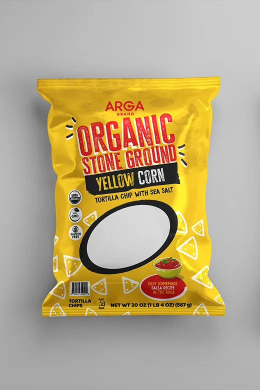 Yellow bag of Arga brand organic stone ground yellow corn tortilla chips with sea salt and easy homemade salsa recipe on the back.