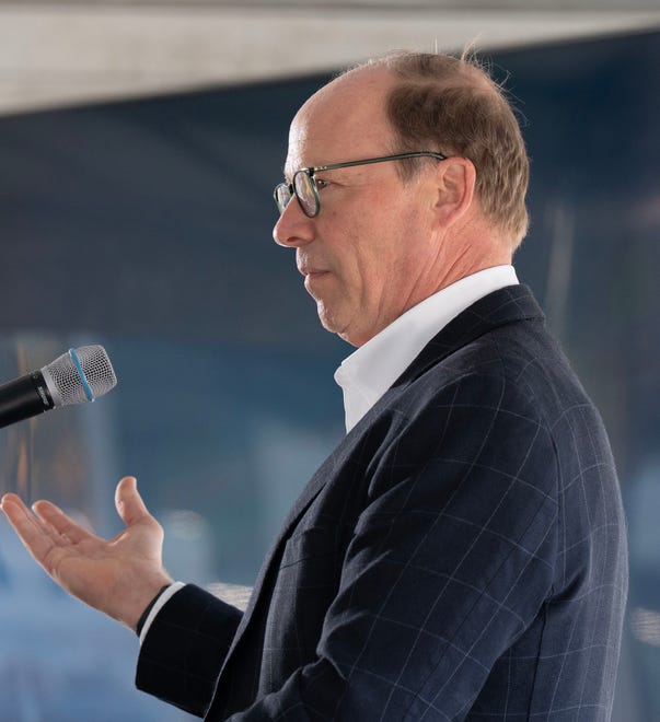 Woods Hole Oceanographic Institution President Peter de Menocal welcomes the crowd at the kick off ceremony of the around the world Sentinel Mission that will send an underwater glider circling world's oceans collecting data . Photo taken on Oct. 10, 2025