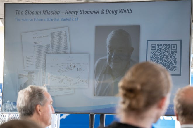 A of history on underwater autonomous gliders slide during the presentation at the Woods Hole Oceanographic Docks for the kick off ceremony of the around the world Sentinel Mission . Photo taken on Oct. 10, 2025