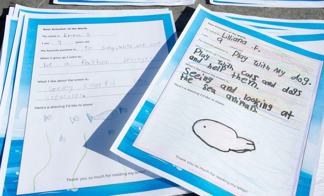 Letters from New Jersey fourth graders written about the Sentinel Mission that will send an underwater glider circling world's oceans collecting data. Rutgers University students went out into classrooms teaching about the mission, collected the letters and digitized them. They will be carried onboard the Redwing glider. The letters will be printed and shown to local school children at the glider's 7 ports of call. Photo taken on Oct. 10, 2025