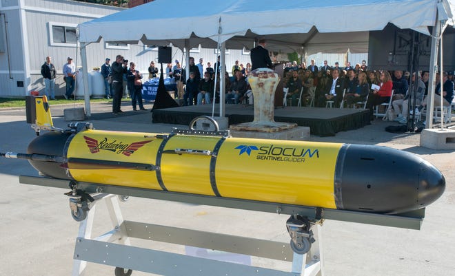 Robotic autonomous underwater glider Redwing sits front and center at the Woods Hole Oceanographic Docks for the kick off ceremony of its around the world Sentinel Mission . Photo taken on Oct. 10, 2025