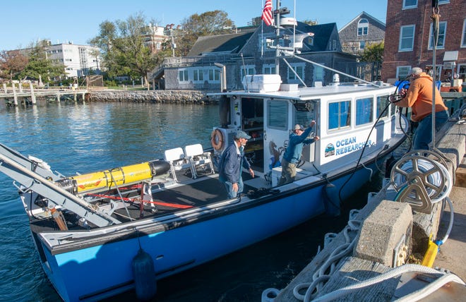 The SMELTS Ocean Researcher boat arrives with the Redwing underwater glider at the Woods Hole Oceanographic Docks for the kick off of the round the world Sentinel Mission for the glider. The boat deployed the underwater glider off the south coast of Martha's Vineyard where it will head to Gran Canaria, Spain on the first leg of its trip. Photo taken on Oct. 10, 2025