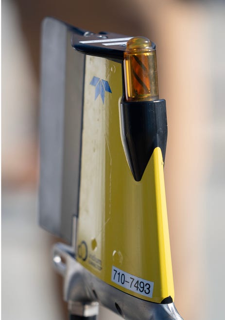 The rudder of the Redwing robotic autonomous underwater glider Redwing at the Woods Hole Oceanographic Docks for the kickoff ceremony of its around the world Sentinel Mission. Photo taken on Oct. 10, 2025