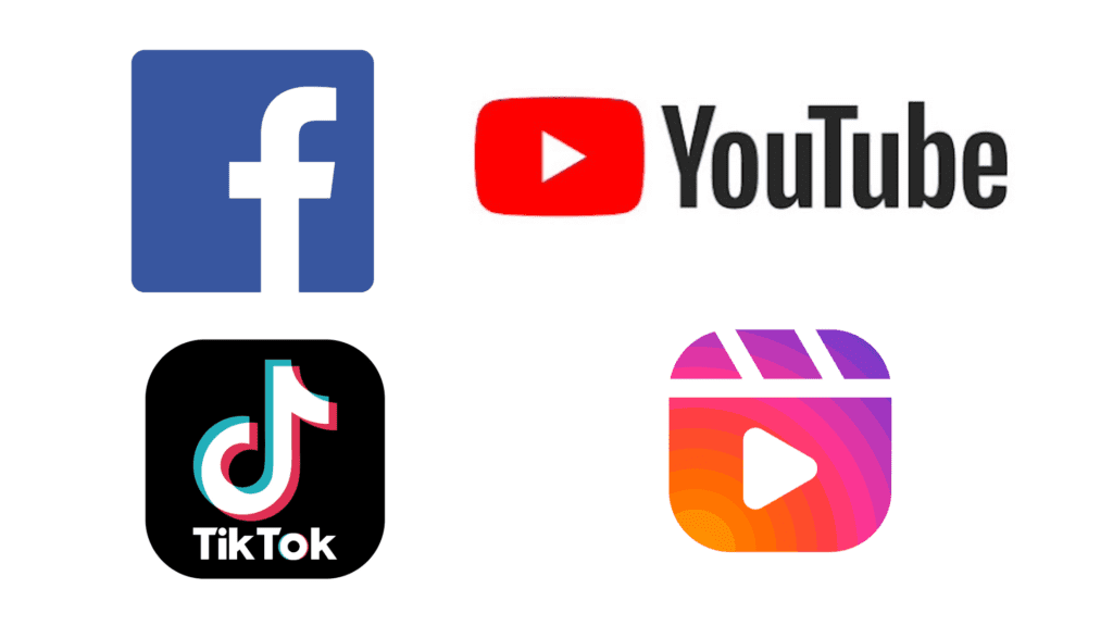 Logos for YouTube FaceBook TikTok and Instagram Reels
