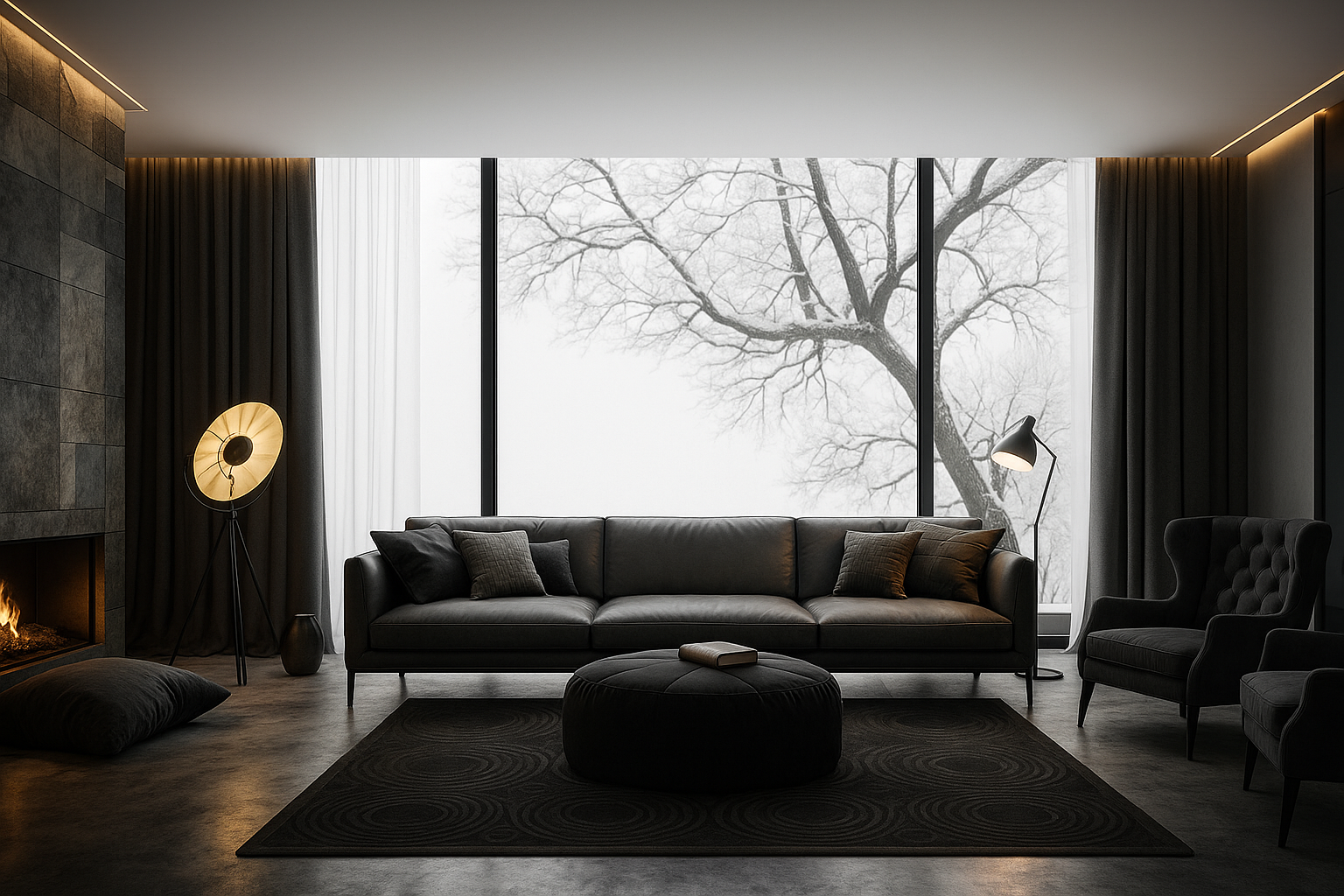 Salon moderne avec un canapé en cuir noir, un fauteuil assorti, une table basse ronde, une lampe sur pied, un tapis noir et une cheminée allumée devant une grande fenêtre avec vue sur un arbre sans feuilles.