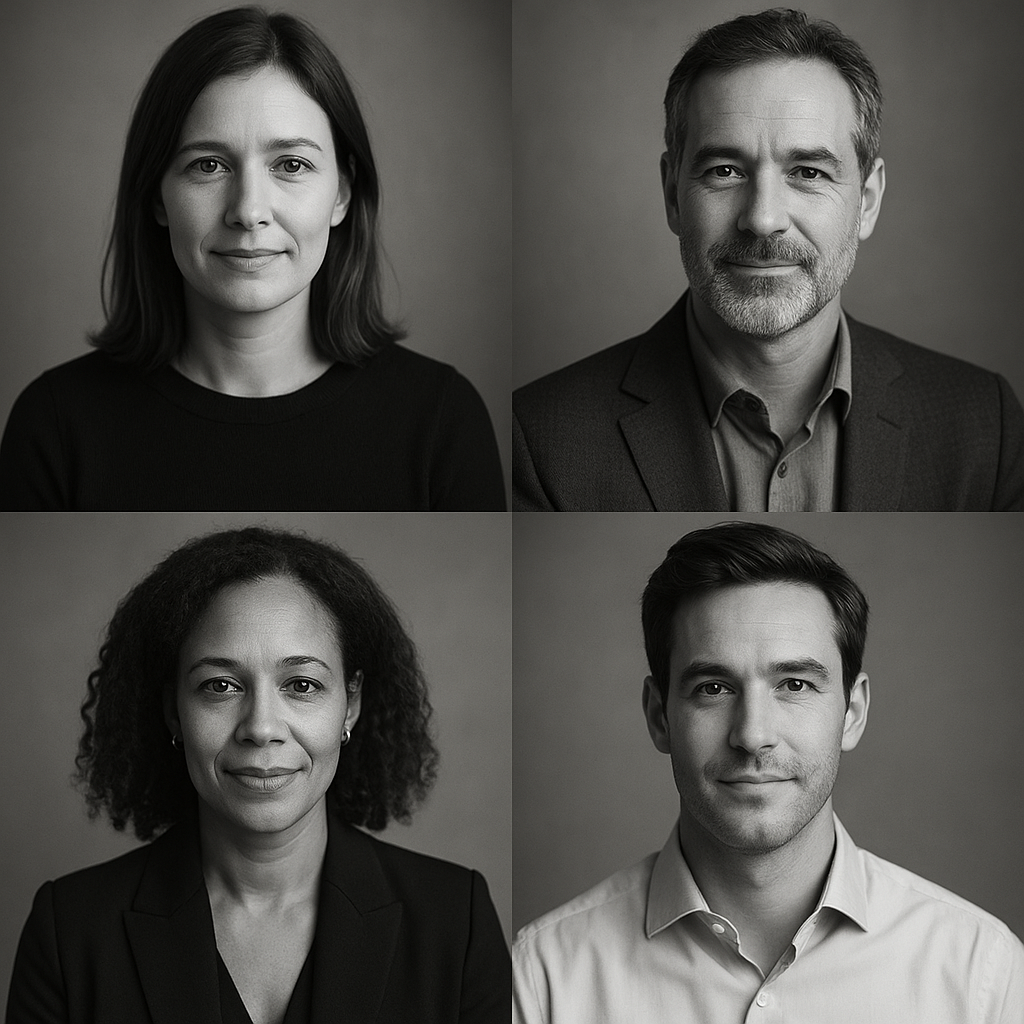 Portraits en noir et blanc de quatre professionnels, deux femmes et deux hommes, regardant l'appareil avec un fond neutre.