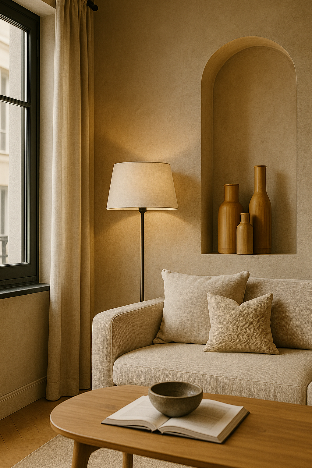 Salon beige avec un canapé, deux coussins, une lampe sur pied, une table basse en bois avec un livre ouvert et un bol, et trois vases en bois dans une alcôve murale.