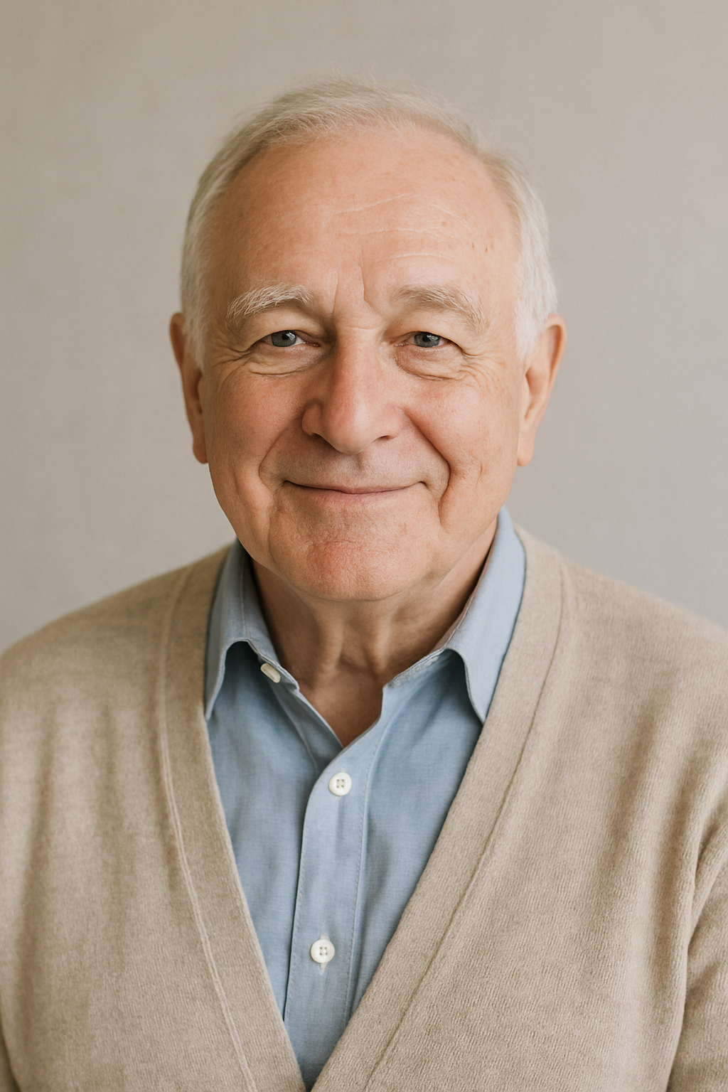 Portrait d'un homme âgé souriant portant une chemise bleue et un cardigan beige.