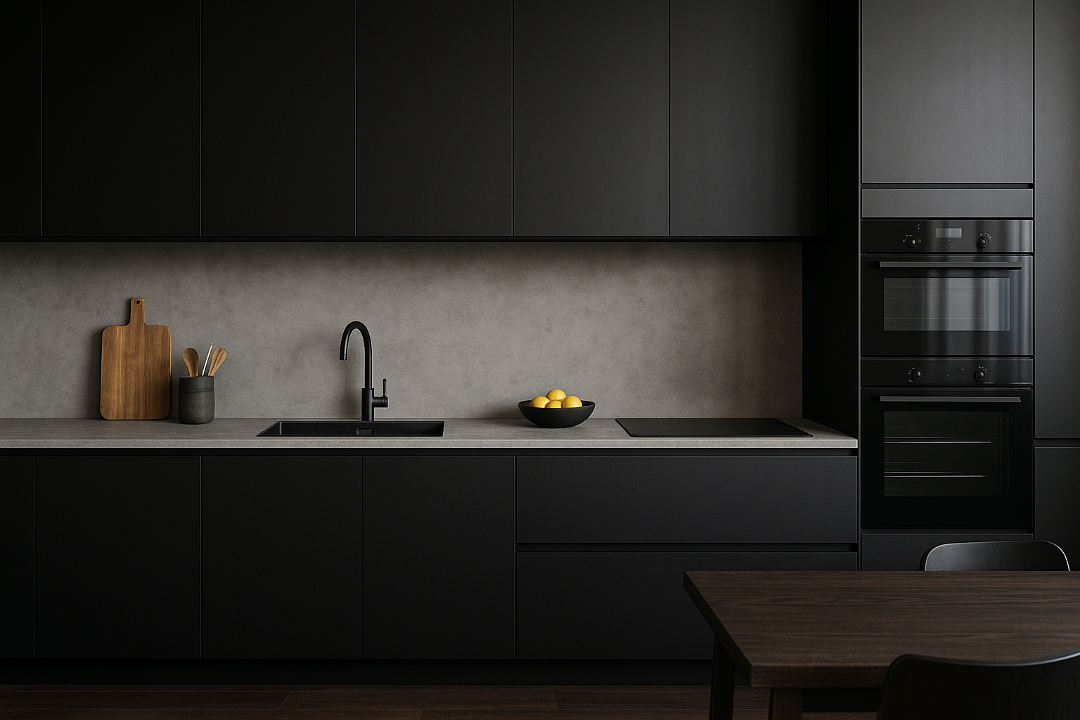 Cuisine moderne minimaliste avec armoires noires, plan de travail gris, évier noir, bol de citrons jaunes, planche à découper en bois et ustensiles.