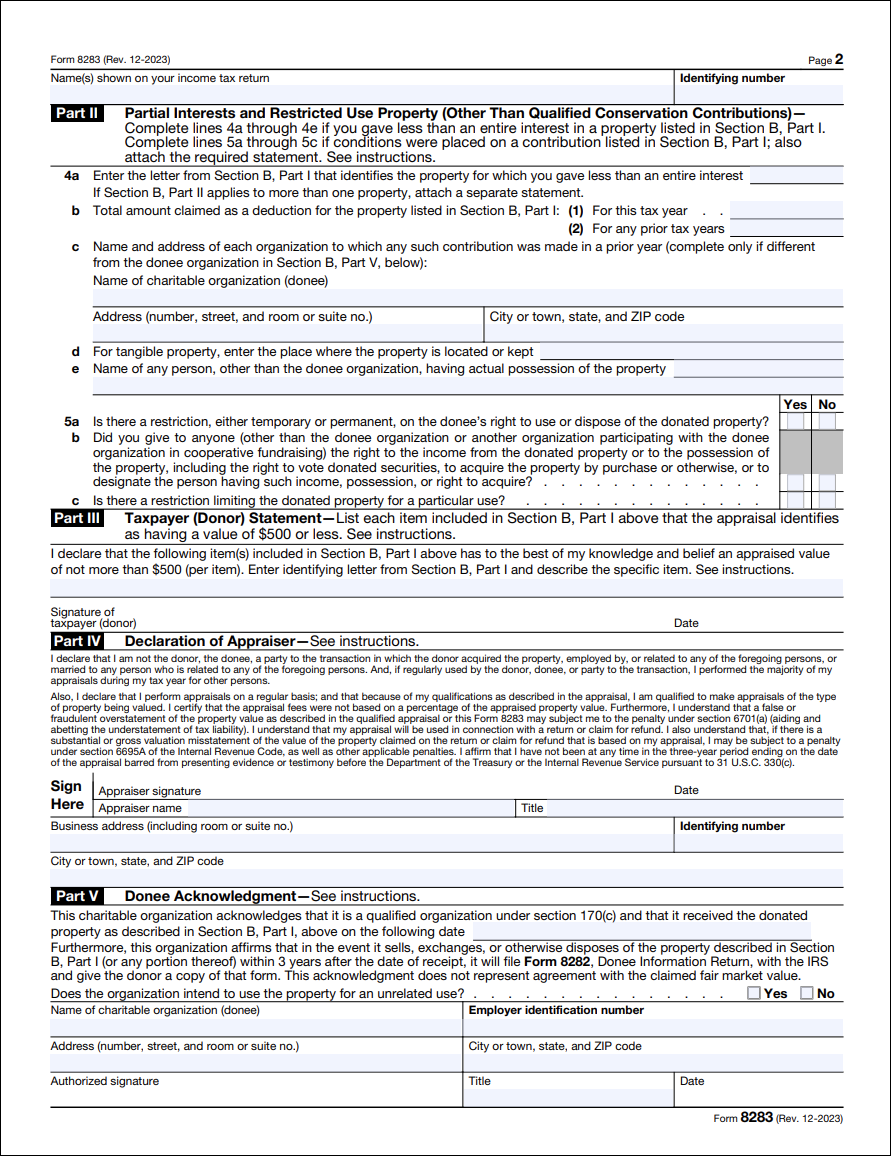 Page 2 of IRS Form 8283 for claiming non-cash charitable contribution deductions