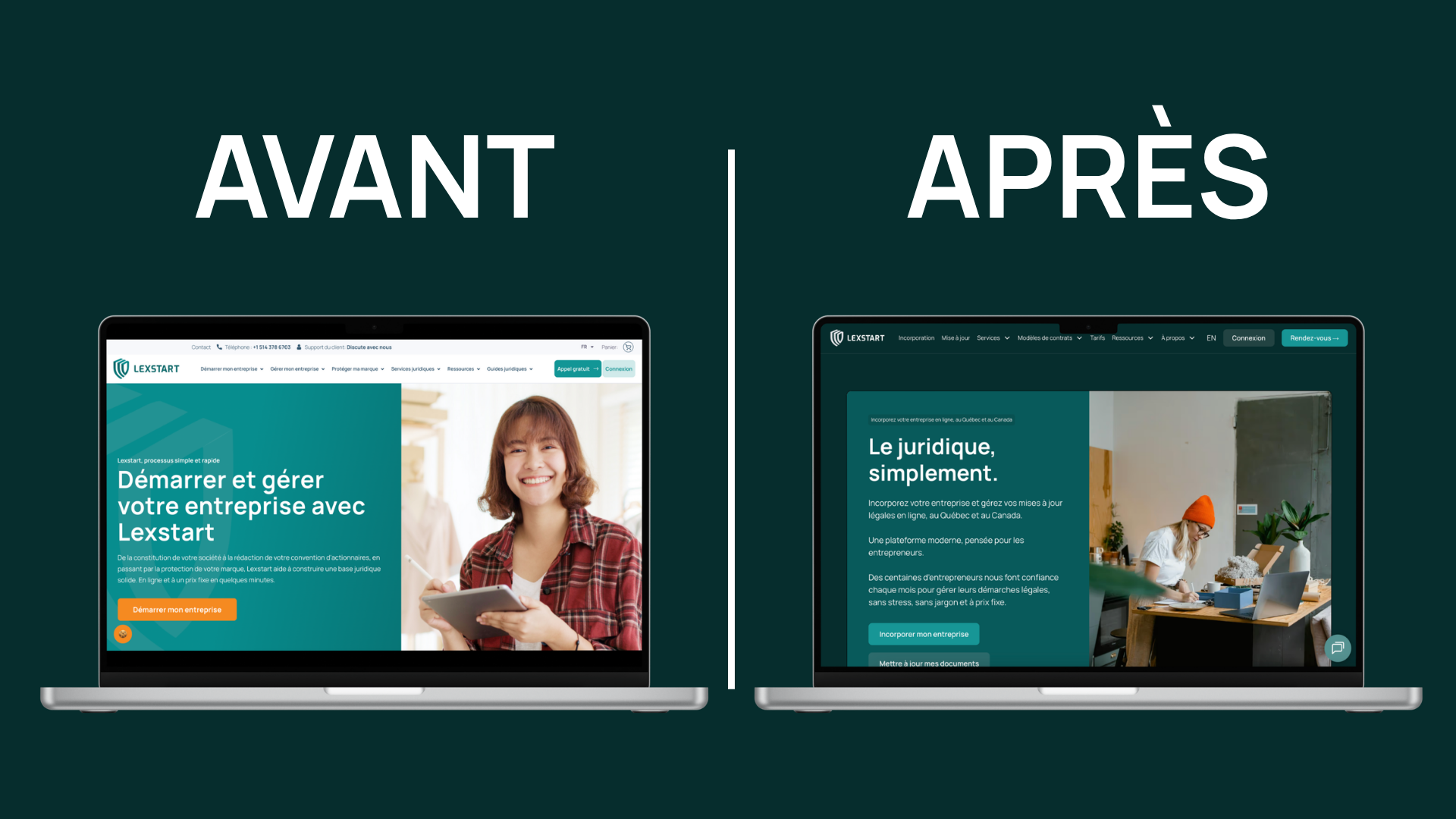 Comparaison des écrans d'accueil du site internet de Lexstart en "Avant Après"