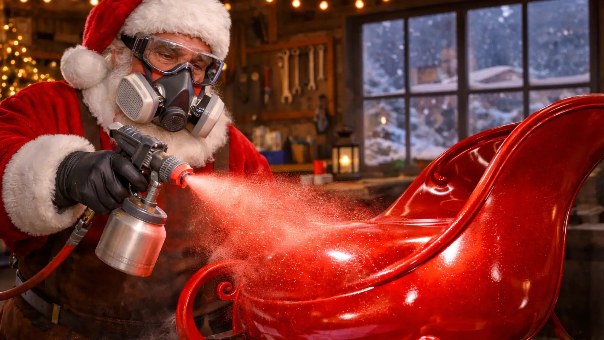 Santa Claus, wearing protective goggles, a respirator, and gloves, powdercoats a red sleigh in a warm, industrial workshop decorated with a Chistmas Tree with string lights, tools on the wall, and a snowy winter scene visible through the window.