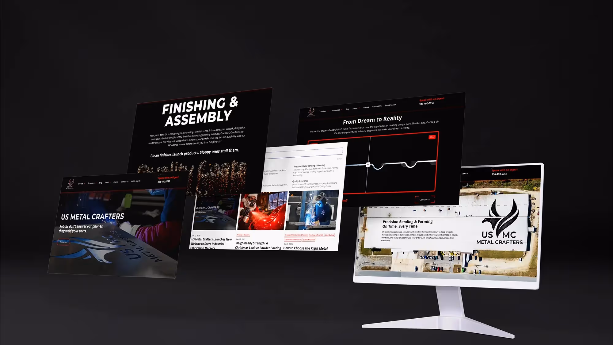 US Metal Crafters website showcasing full-service metal fabrication, finishing, and assembly across multiple digital screens.