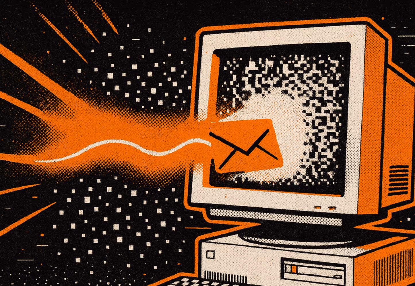 Retro computer with an envelope icon emitting a digital pixelated trail from its screen.