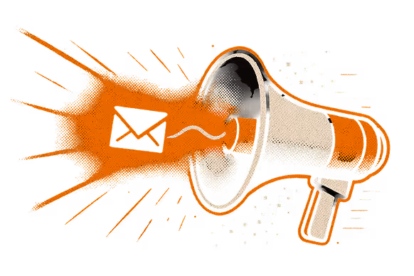 Illustration of an orange and white megaphone emitting an orange envelope icon symbolizing a message or announcement.