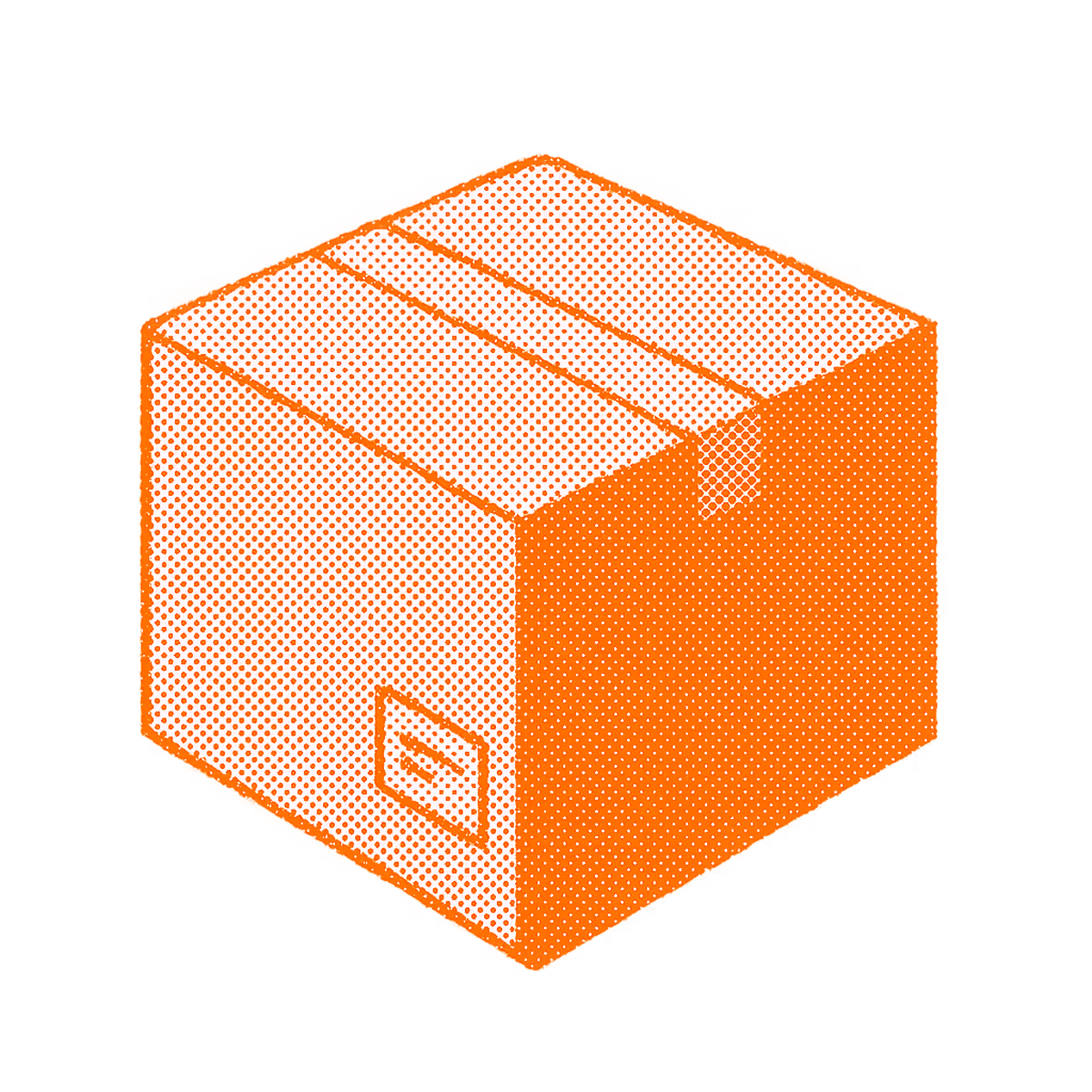 Orange and white dotted graphic of a closed cardboard box with tape on top and a label on the side.