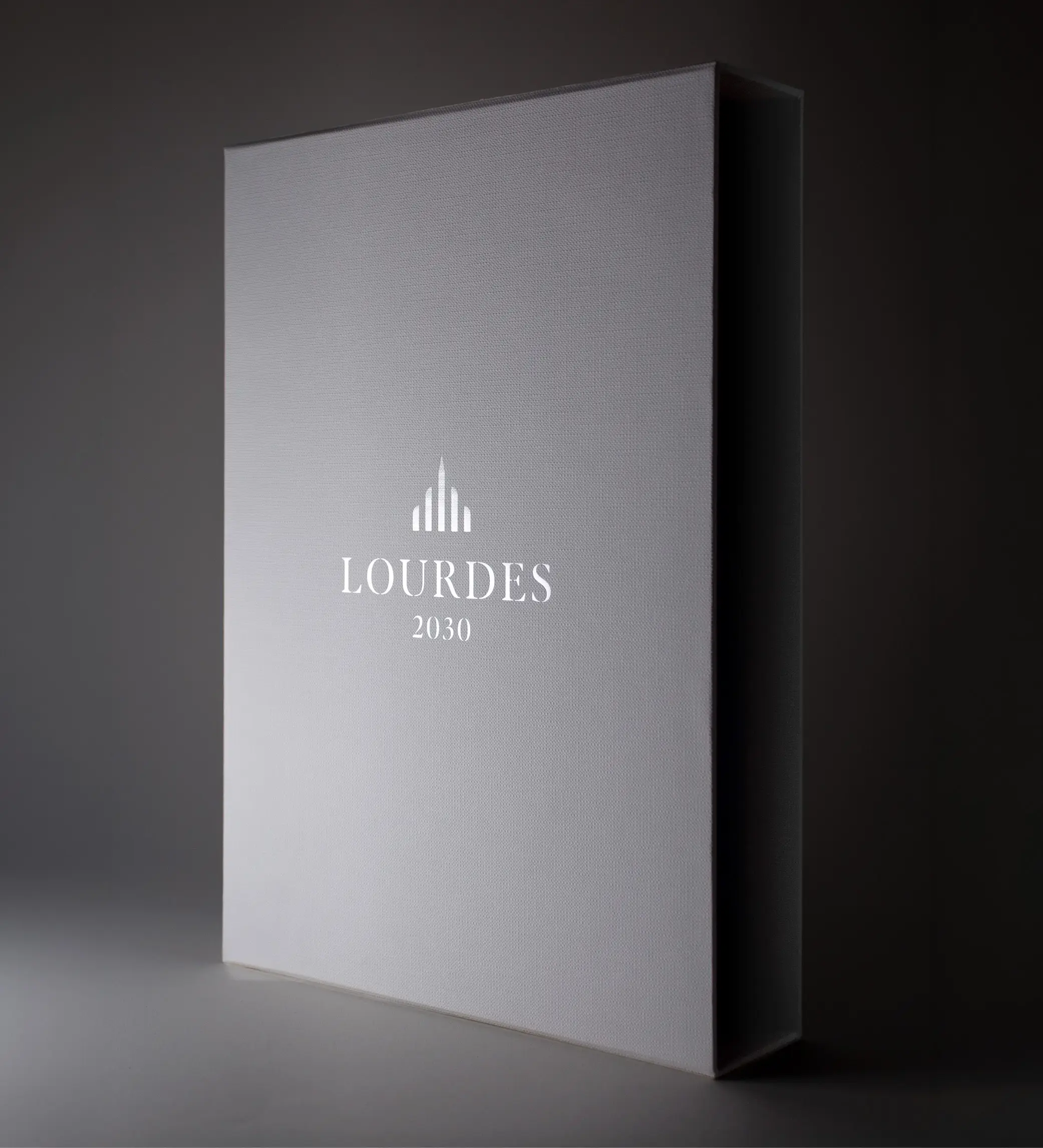 Fourreau gris marqué en blanc « Lourdes 2030 »