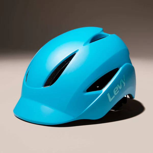 Bright blue protective bike helmet with ventilation slots and 'Levy' logo on the side.