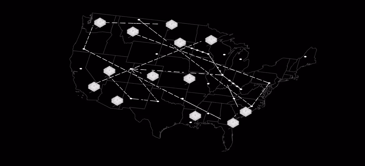 Outline map of the United States with white hexagon icons connected by solid and dashed lines, indicating network or communication points.