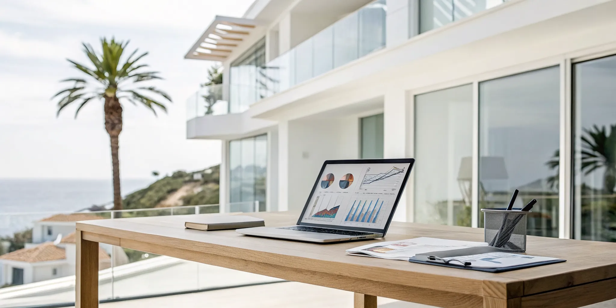 Laptop showing financial charts for vacation rental management fees in a modern rental.