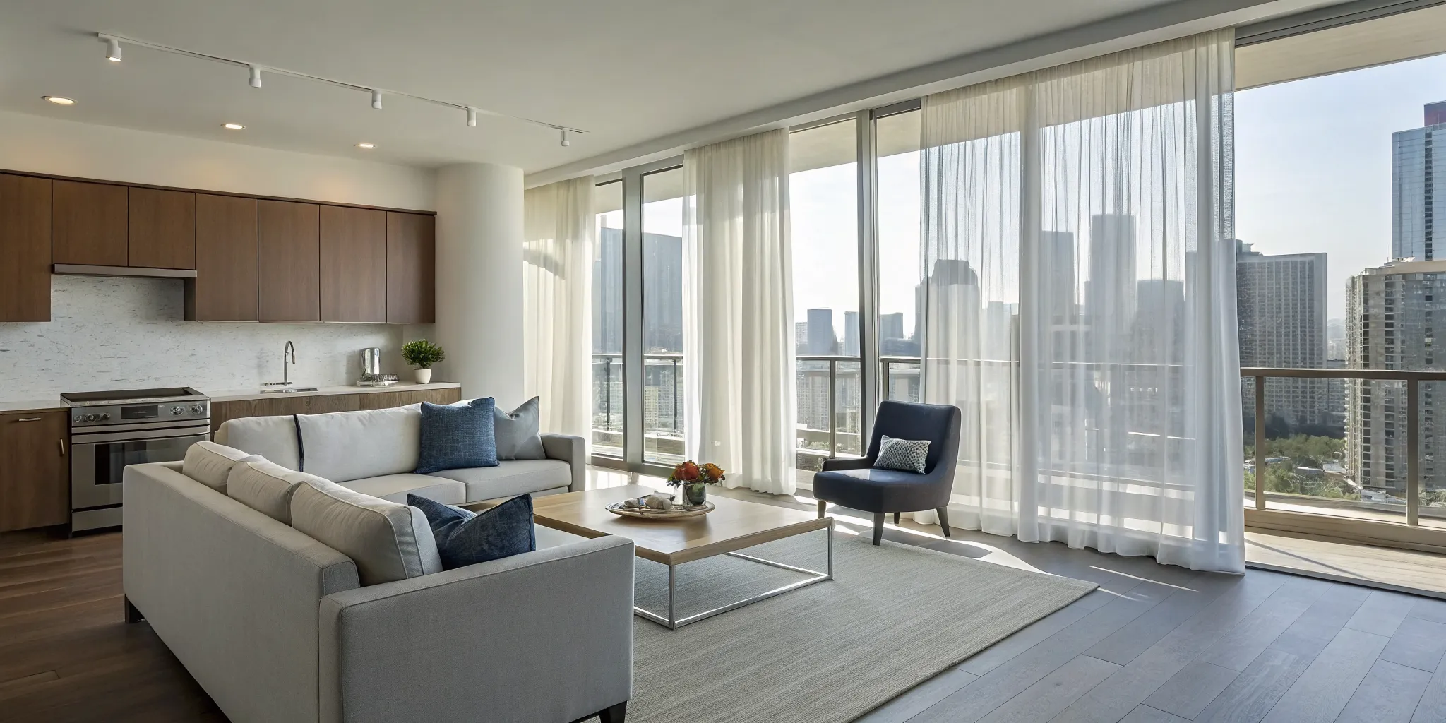 A modern corporate housing apartment with city views for a travel nurse.