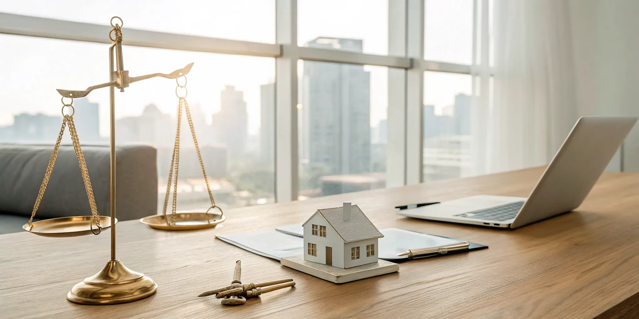 A house model and scales of justice on a desk, a guide to Airbnb short term rental laws.