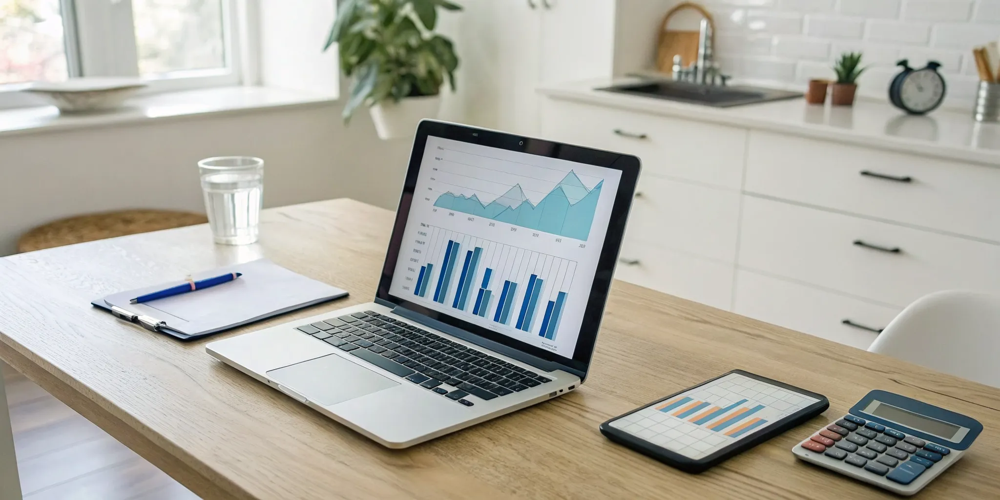 A laptop and calculator on a desk to determine how much Airbnb management companies charge.