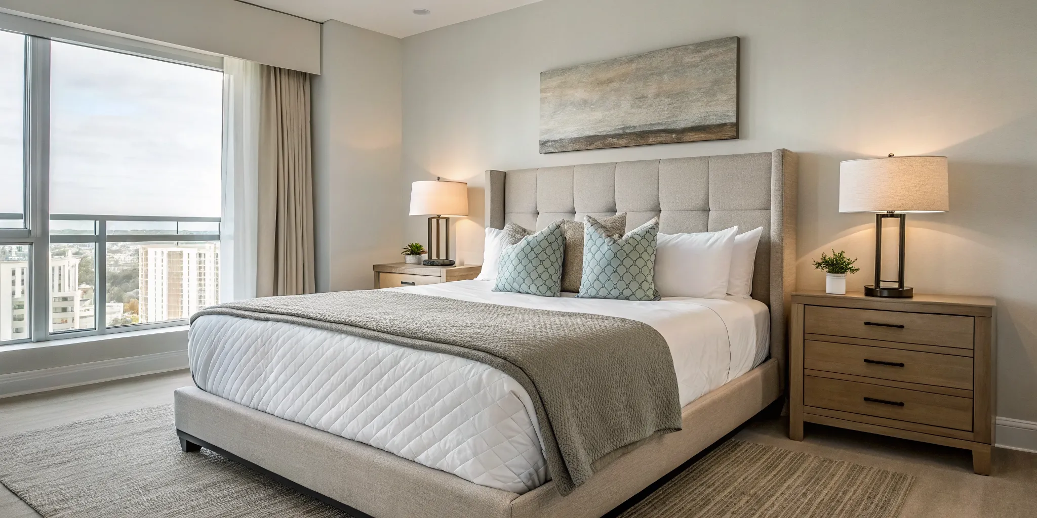Modern bedroom furniture for a short term rental designed to get more bookings.