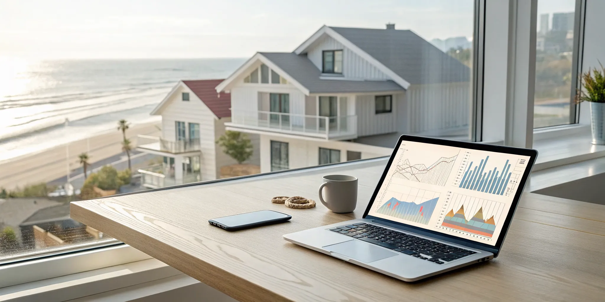 Laptop with dynamic pricing charts for a vacation rental with an ocean view.