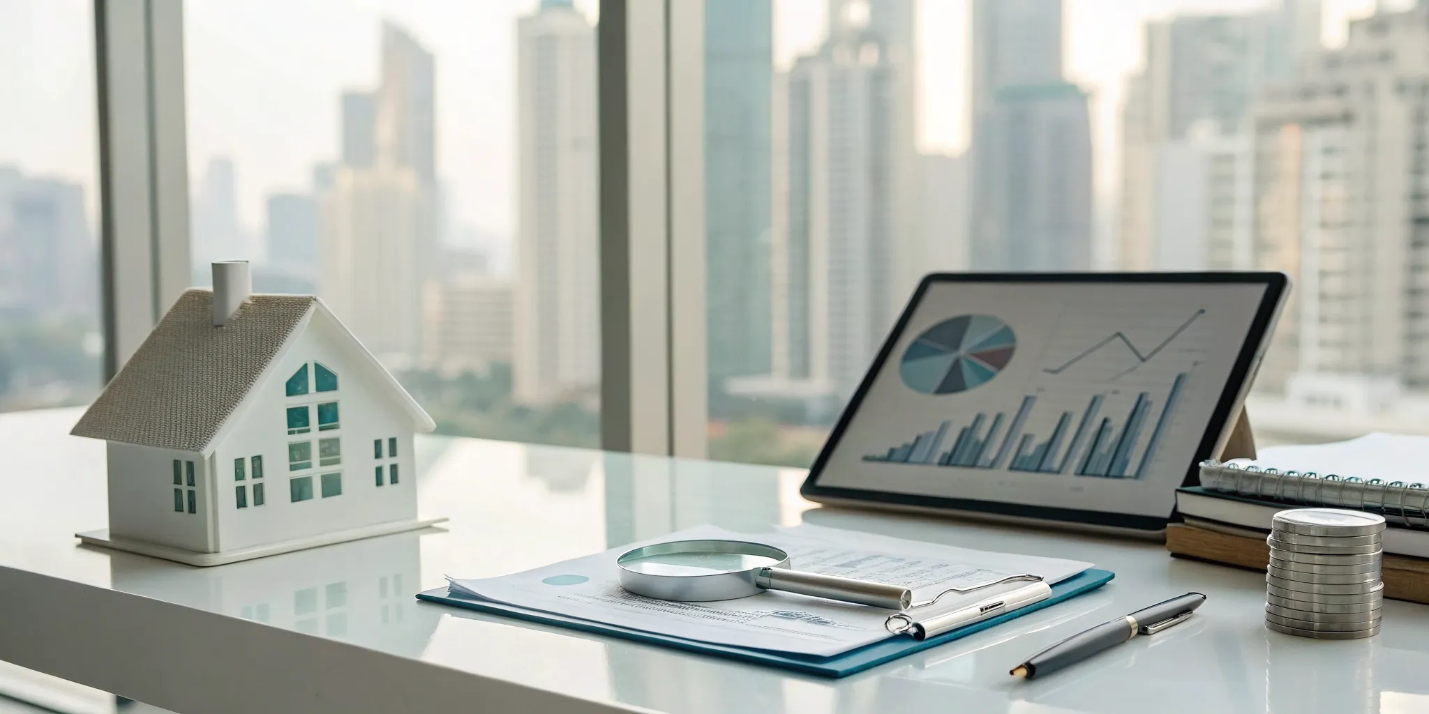 Calculating short-term rental management fees with a model house, financial charts, and a magnifying glass.