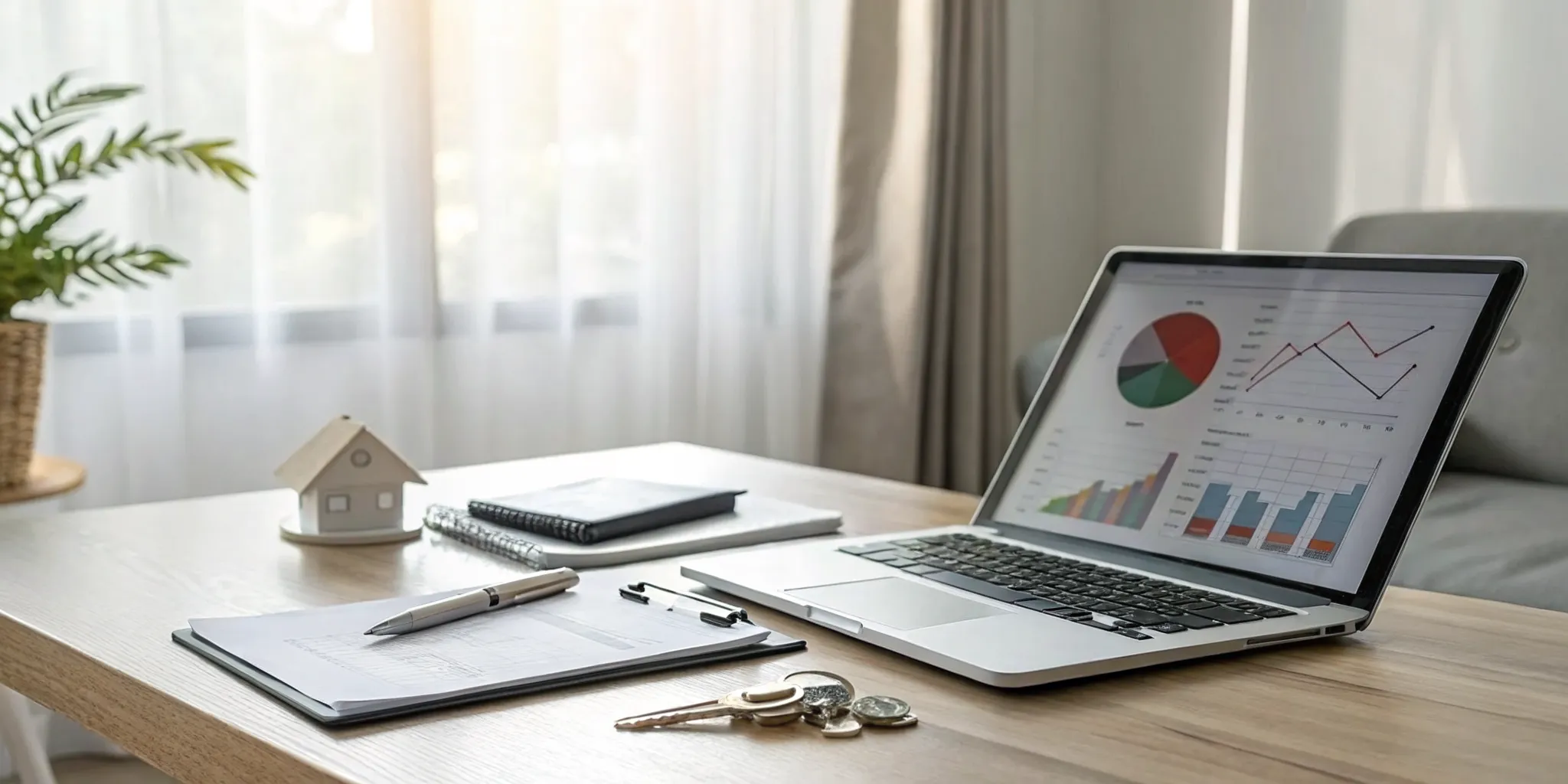A desk with a laptop, house model, and keys used to determine how much Airbnb managers charge.