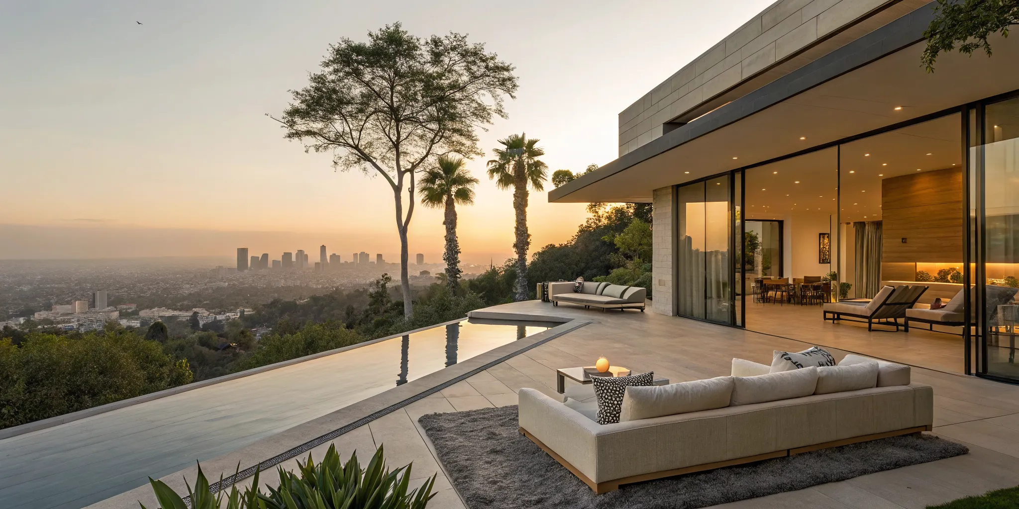 A luxury Airbnb property in LA with an infinity pool and city views at sunset.