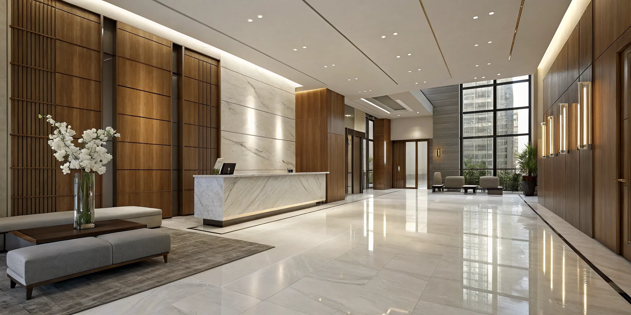 Modern lobby in a top-notch luxury rental with high-end finishes and a spacious layout.