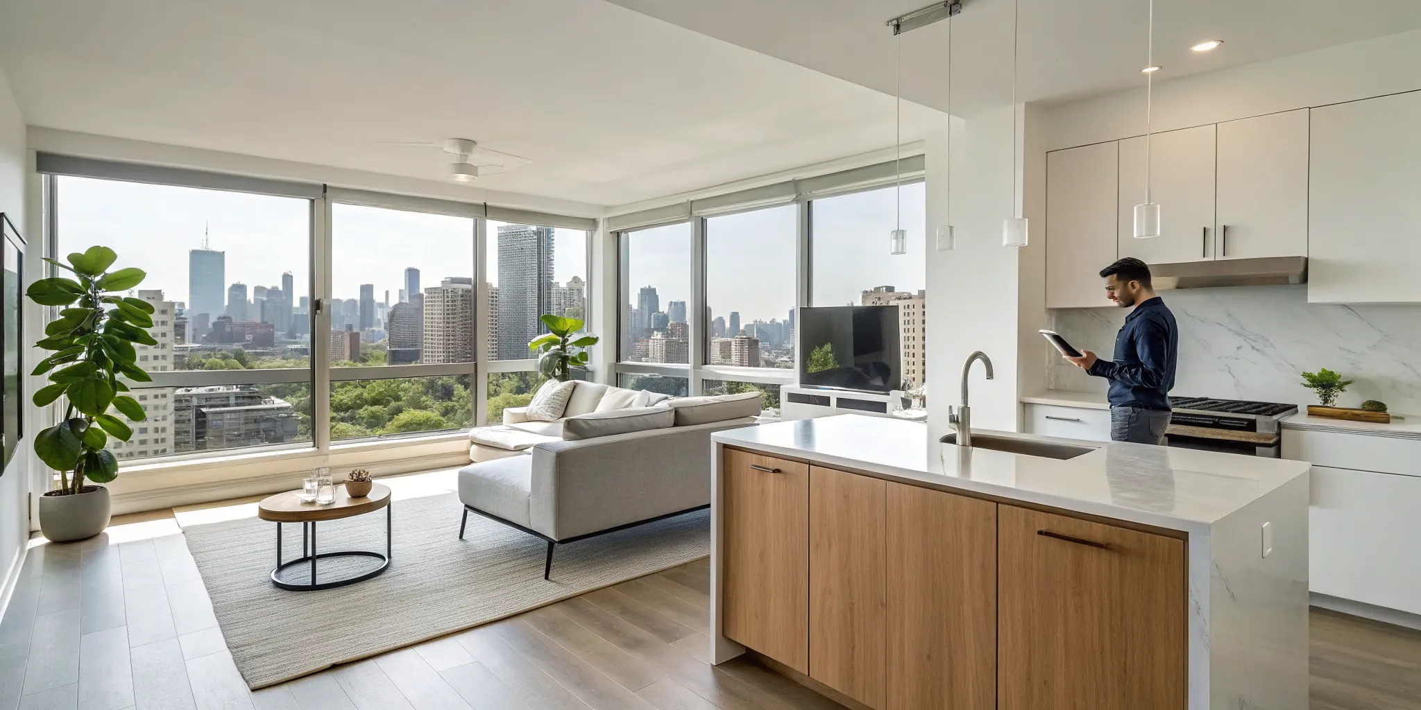 A short term rental manager uses a tablet to manage a modern apartment for guests.