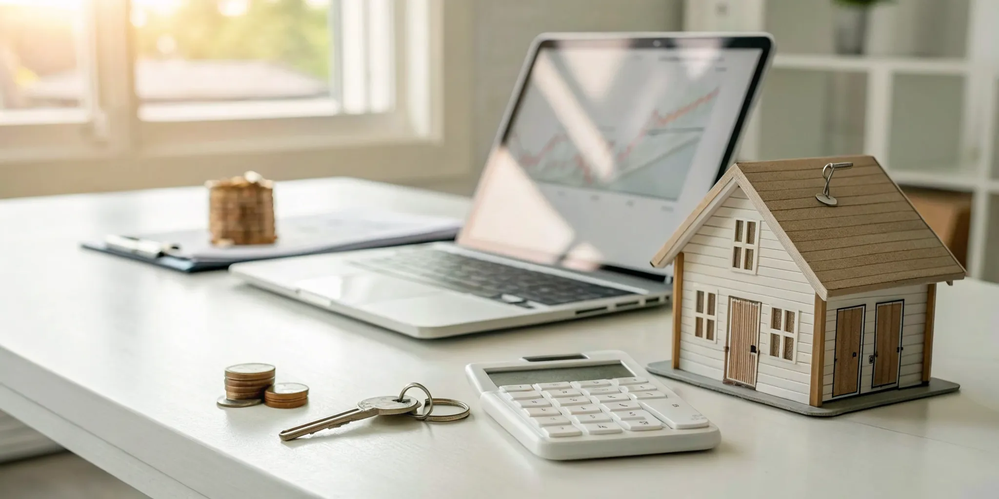 A calculator and miniature house on a desk for calculating Vrbo property management fees.