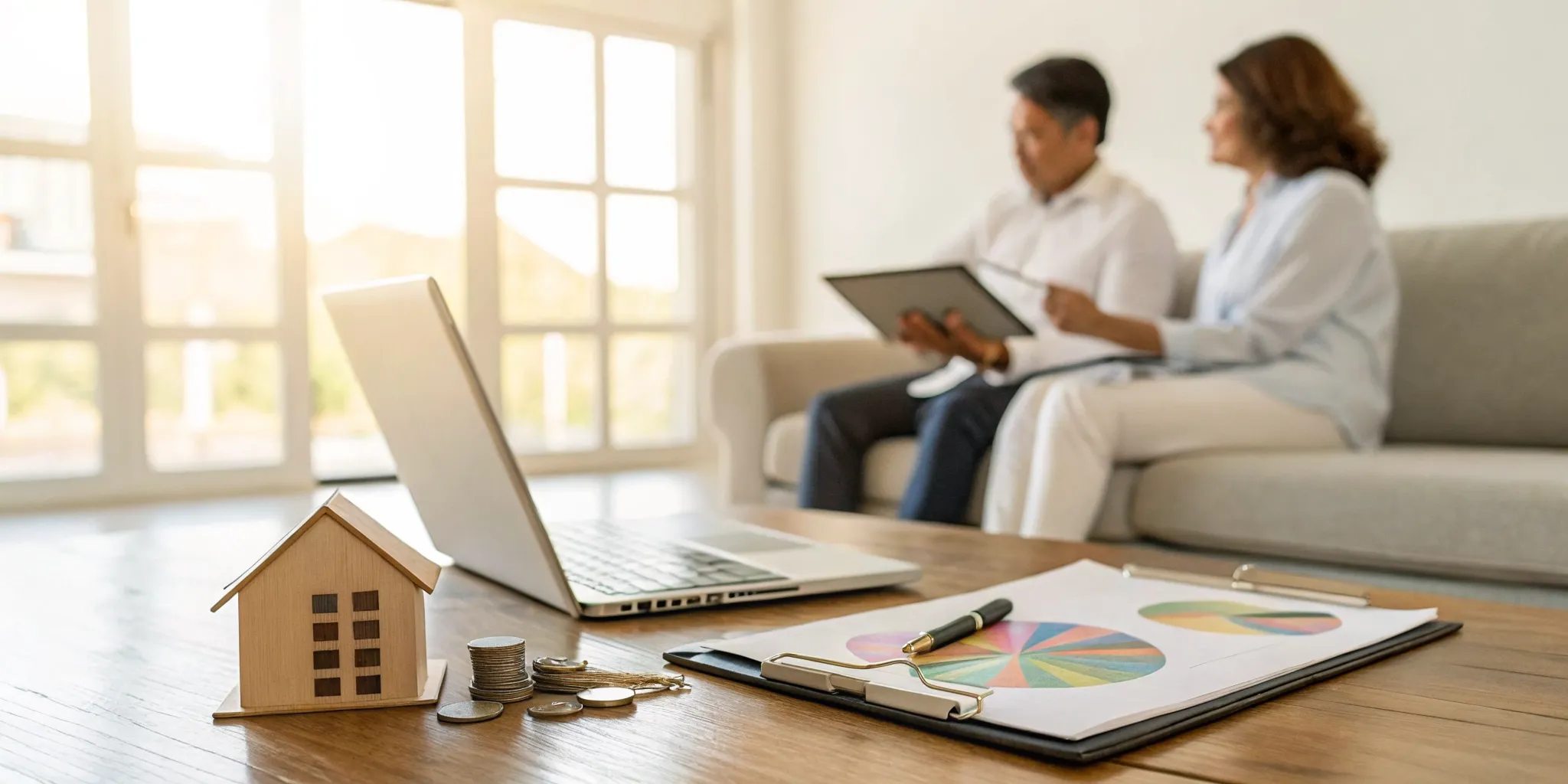 Couple calculating how much to pay an Airbnb co-host with a laptop, charts, and a small house model.