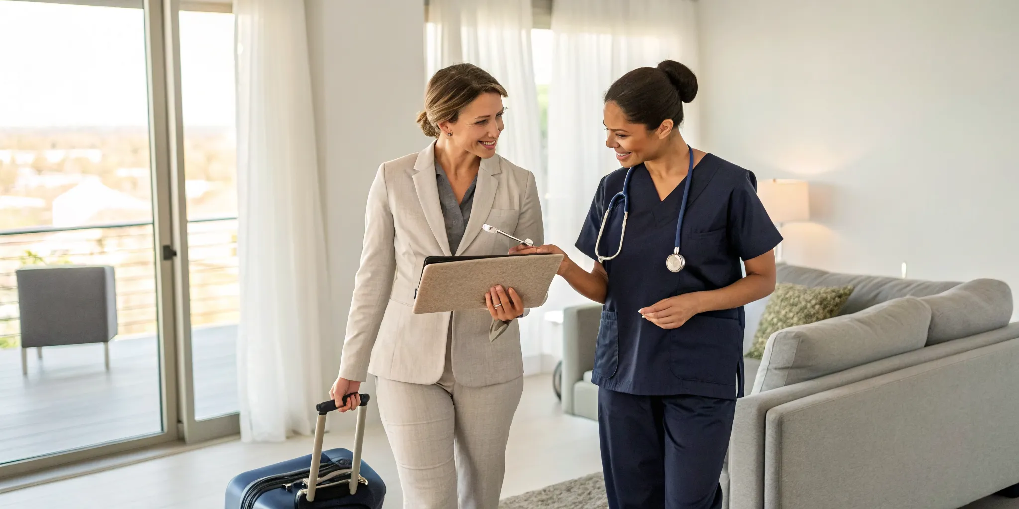Property manager explaining travel nurse rental property management in a furnished apartment.