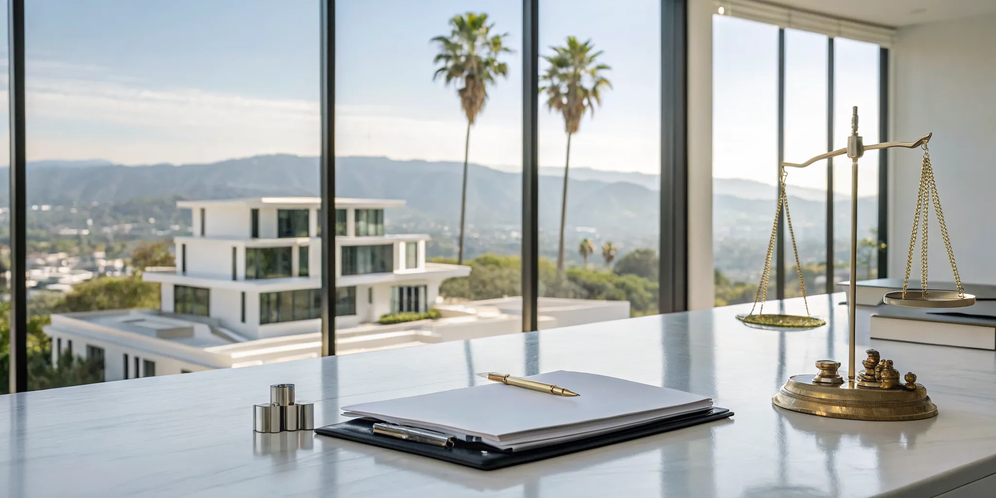 An office desk with legal scales and paperwork for short term rental law in California.